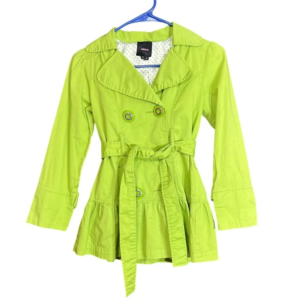 Takara Girls Size Medium‎ Bright Green Double Breasted Trench Coat Belted Ruffle